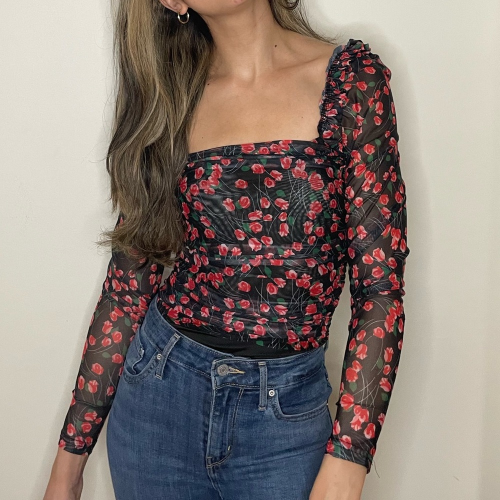 Lulus Floral Print Ruched Mesh Bodysuit